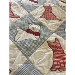 SOLD 🌹Vtg. Red & Blue Gingham Scottie Dog Kitten Cat Handmade Crib Lap Quilt 47
